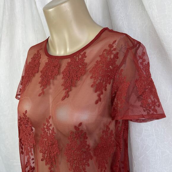Rust Sheer Mesh Knit Lace T Shirt Scalloped Hem Forever 21 Size Small - Picture 4 of 16